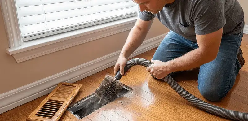 Air duct cleaning technician vacuuming a floor vent and duct opening in Sarasota, FL