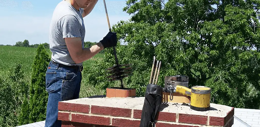 Chimney cleaning technician working on a rooftop chimney with professional tools in Sarasota, FL