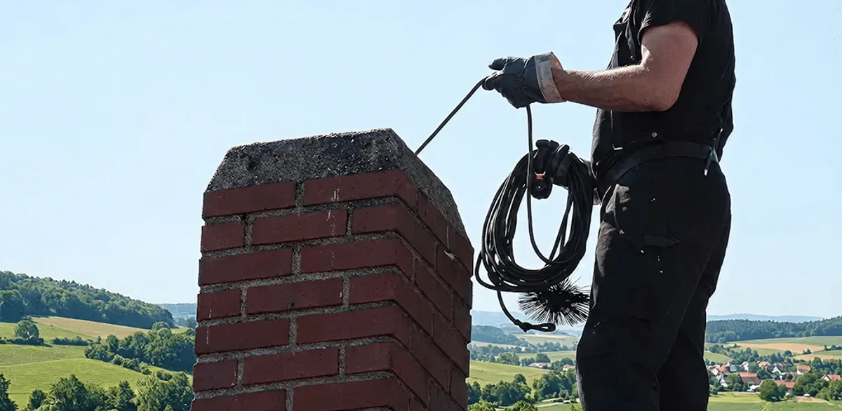 Chimney sweep inspecting and cleaning a rooftop chimney in Sarasota, FL