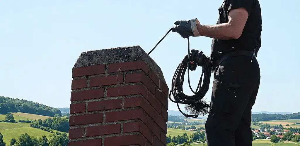 Chimney sweep inspecting and cleaning a rooftop chimney in Sarasota, FL