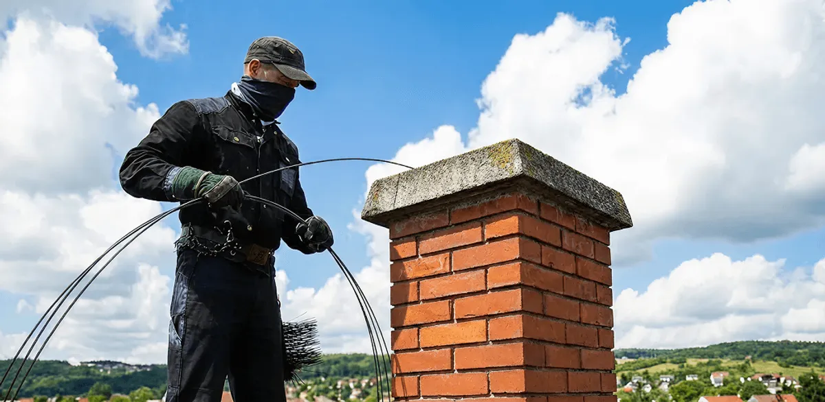 Chimney sweep cleaning a brick chimney with professional tools in Sarasota, FL