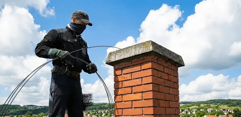 Chimney sweep cleaning a brick chimney with professional tools in Sarasota, FL