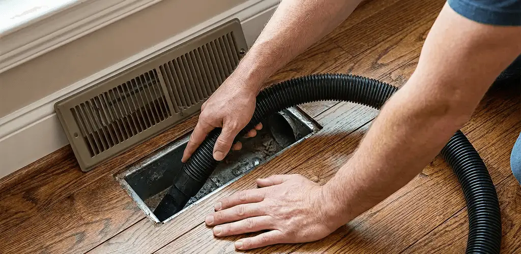 Air duct cleaning technician vacuuming a floor register and duct opening in Sarasota, FL