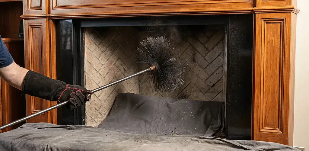 Chimney cleaning service brushing soot from a fireplace and flue in Sarasota, FL