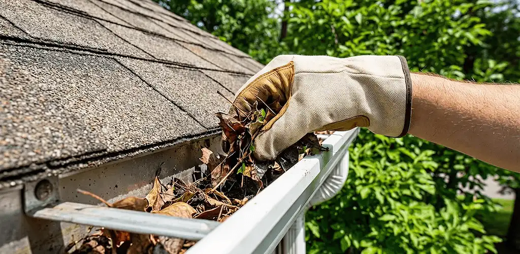 Gutter cleaning removing leaves and debris from roof gutters in Sarasota, FL