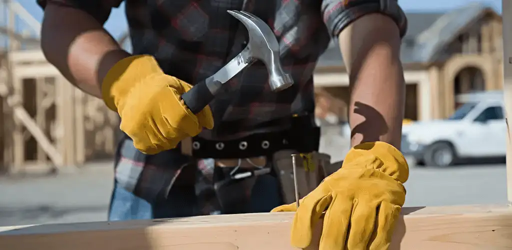 Handyman fixing wood trim with a hammer for home repairs in Sarasota, FL