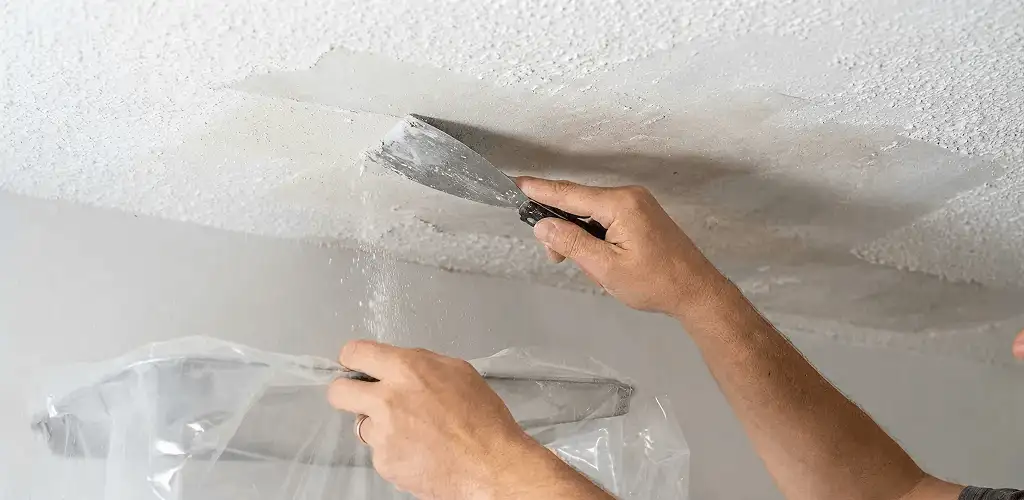 Popcorn ceiling removal technician scraping texture from a ceiling in Sarasota, FL