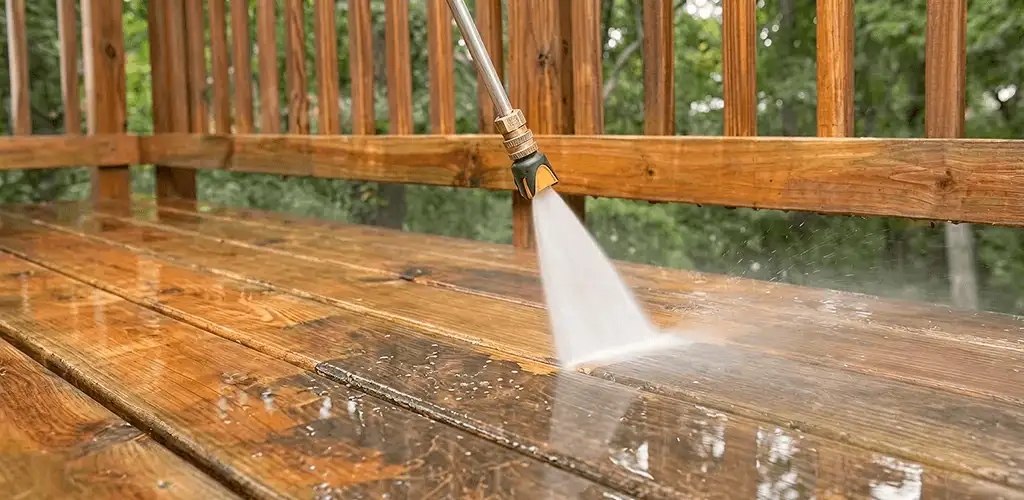 Pressure washing a wood deck to remove dirt and buildup in Sarasota, FL