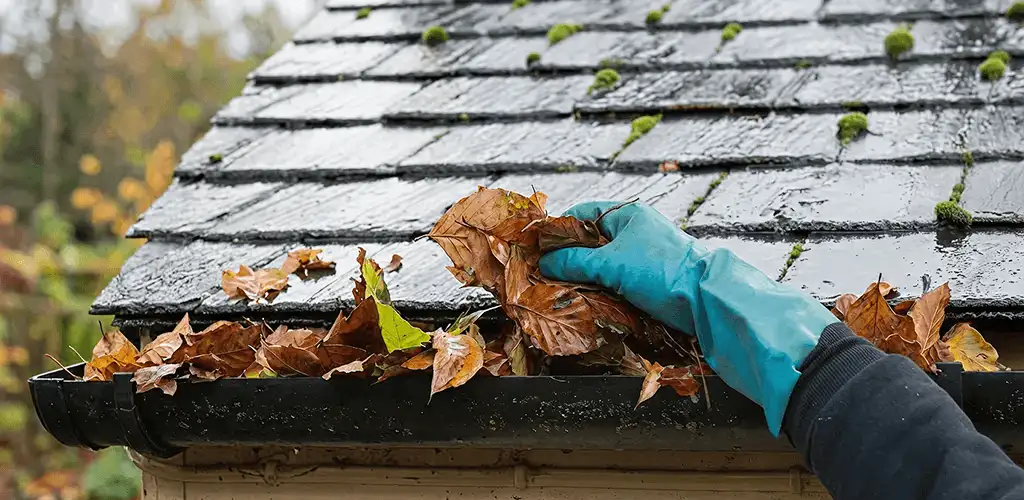 Gutter cleaning technician clearing wet leaves from roof gutters in Sarasota, FL