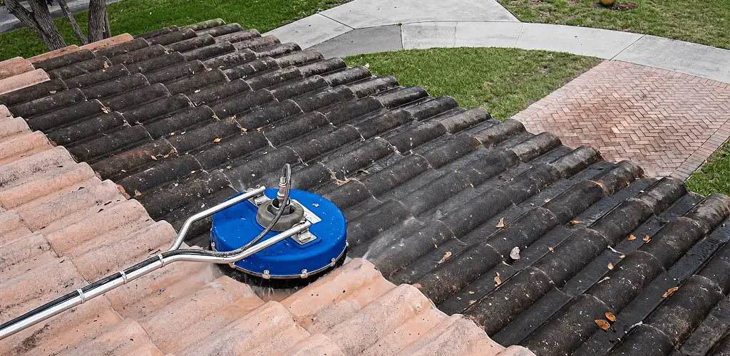 Roof pressure cleaning removing debris and buildup from roof tiles in Sarasota, FL