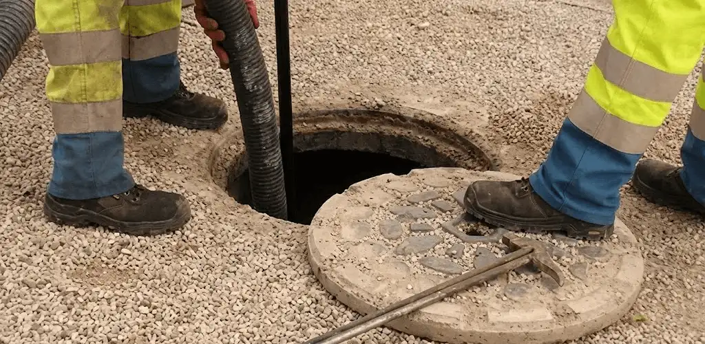 Drain cleaning crew clearing a sewer access point with professional equipment in Sarasota, FL