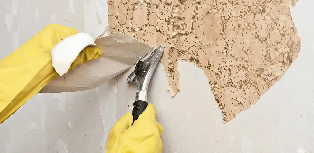 Wallpaper removal service stripping old wallpaper from a wall in Sarasota, FL